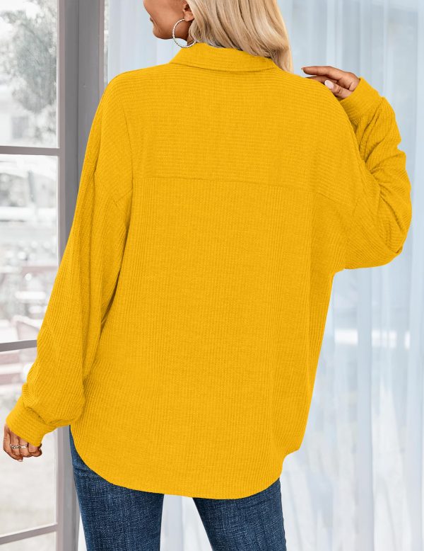81l7Q9FA5qL.jpg Waffle Knit Button Down Shirts for Women Dressy Casual Work Tops Long Sleeve Loose Fit Shacket with Pocket