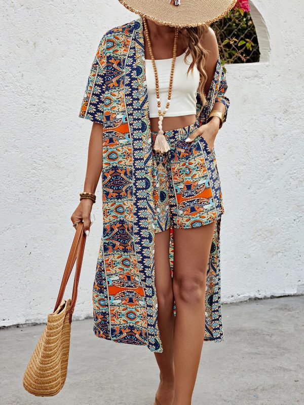 Women's 2 Piece Outfits Summer Half Sleeve Tropical Kimono Top and Shorts Set