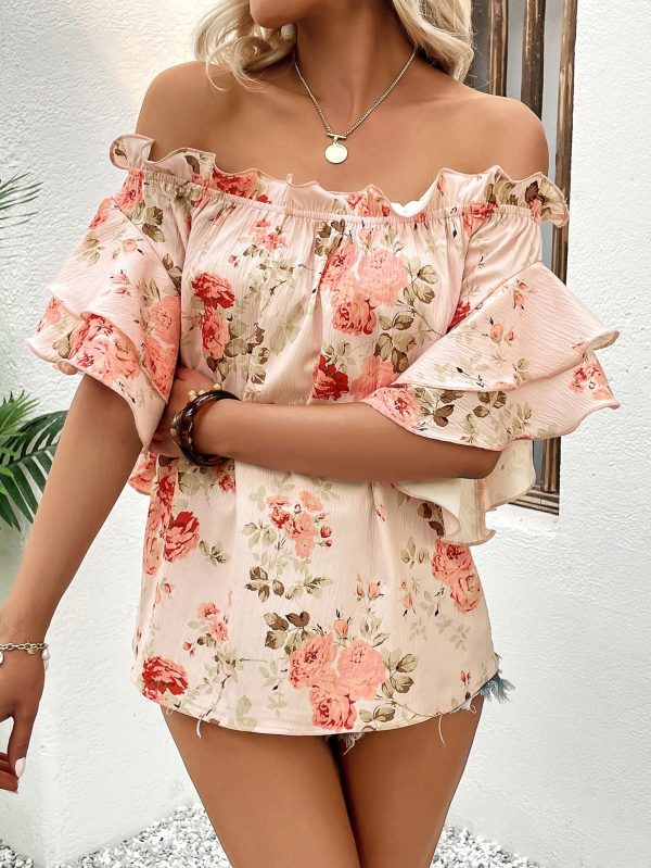 Women's Floral Print Blouse Off Shoulder Ruffle Trim Half Sleeve Summer Tops