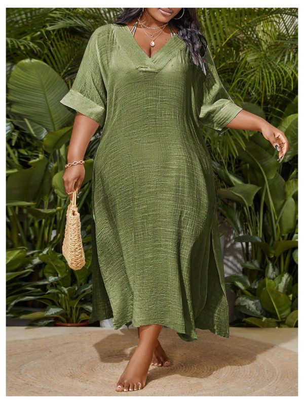 Women's Plus Size Swimwear V Neck Half Sleeve Split Side Cover Up Beach Dress