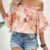 Women's Floral Print Blouse Off Shoulder Ruffle Trim Half Sleeve Summer Tops