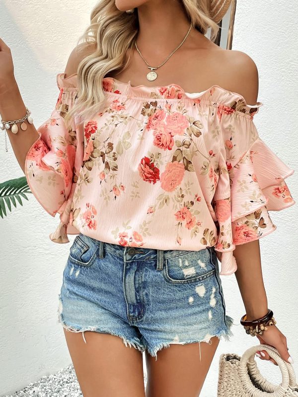 Women's Floral Print Blouse Off Shoulder Ruffle Trim Half Sleeve Summer Tops