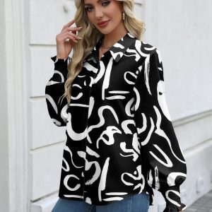 Womens Button Down Shirts Smocked Cuffed Blouses Printed Lantern Shirt Long Sleeve Tops Casual Collar Business Fashion