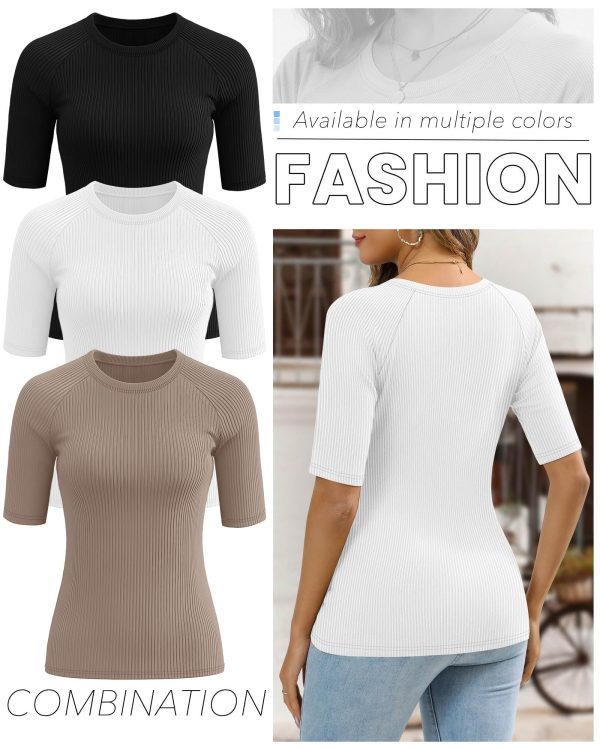 3 Pack Women's Half Sleeve Cotton Ribbed Shirts, Slim Fit Crew Neck Tops Basic Layer Solid Color Summer Work Tees