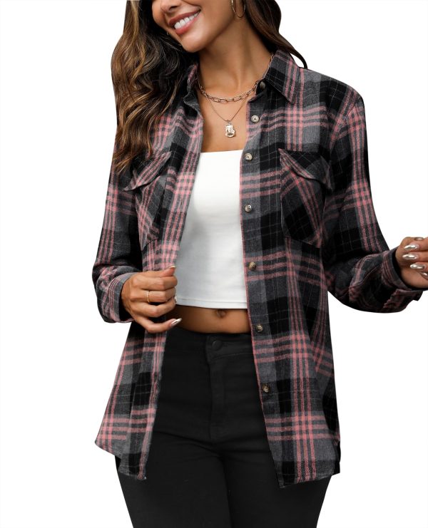 Flannel Shirt Women Plaid Shirts Button Down Long Sleeve Oversized Cotton Boyfriend Casual Roll Up Blouse Tops