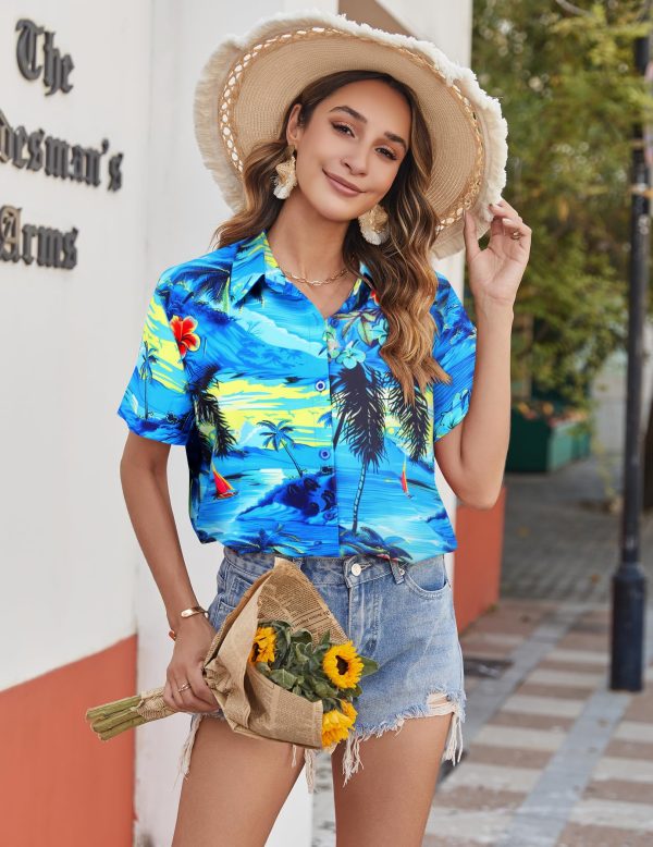 Womens Hawaiian Button Down Shirts Short Sleeve Casual Floral Tropical Shirt Summer Beach Shirt Cool Button Up Tops
