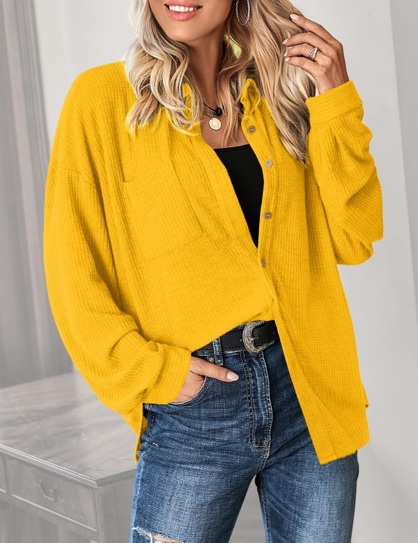 81sEddQ5XZL.jpg Waffle Knit Button Down Shirts for Women Dressy Casual Work Tops Long Sleeve Loose Fit Shacket with Pocket