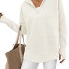 81t3vjnHyYL.jpg Womens Long Sleeve Quarter Zip Pullover Sweater Casual Loose V Neck Collared Ribbed Knit Jumper Tops Thumb Hole