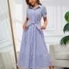 Womens Casual Short Sleeve Button Down Tie Waist Ruffled Striped Maxi Shirt Dress