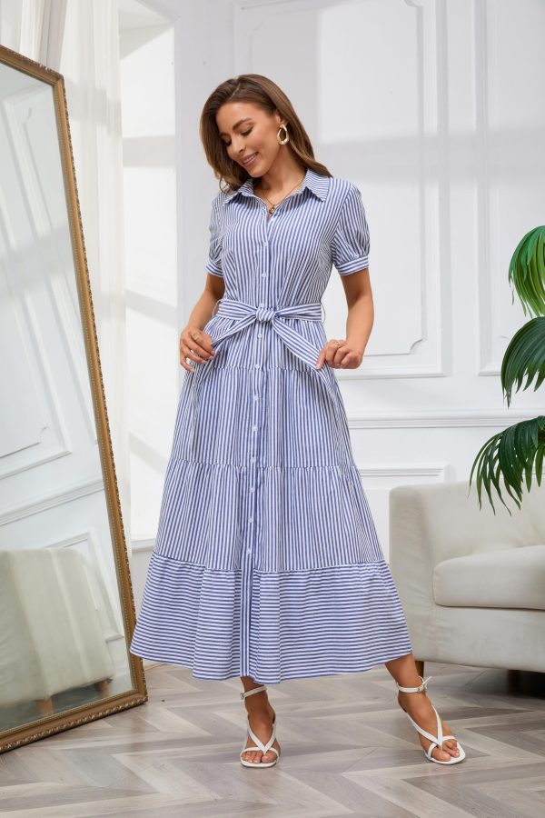 Womens Casual Short Sleeve Button Down Tie Waist Ruffled Striped Maxi Shirt Dress