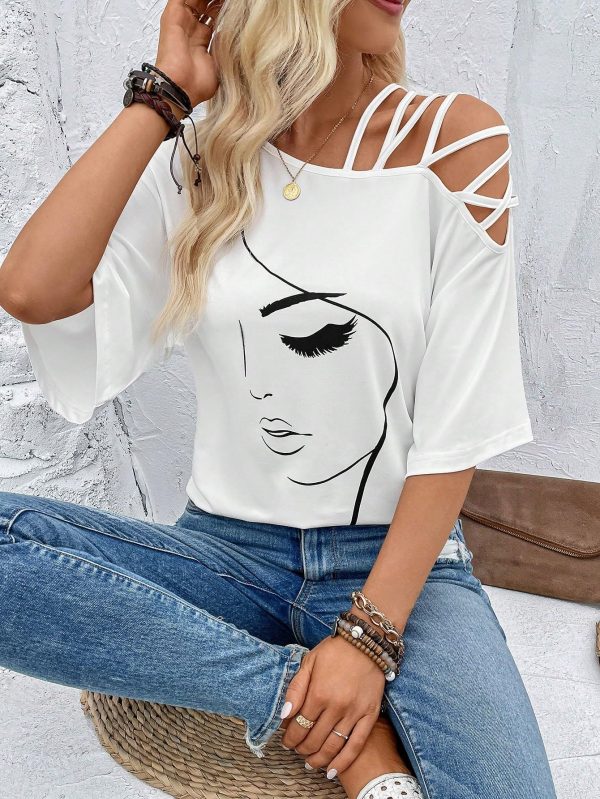 81uKb7eh3IL.jpg Women's Figure Graphic Tees Criss Cross Cut Out Half Sleeve T Shirt Summer Tops