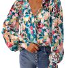 Women's Floral Blouses Dressy Casual V Neck Button Down Shirts Lantern Long Sleeve Boho Chiffon Spring Tops 2025