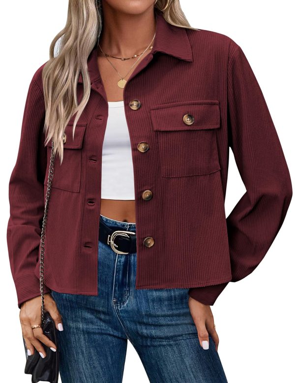 Womens Fashion Cropped Shackets Corduroy Button Down Crop Jackets Tops Long Sleeve Shirts Trendy 2025