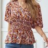 Womens Floral Print Ruffle Half Sleeve Blouses V Neck Decorative Buttons Elastic Waist Casual Summer Tops