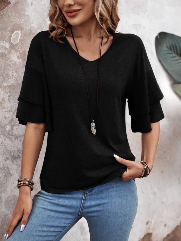81wNNKAWdL.jpg Womens Blouses Ruffle Short Sleeve T Shirts V Neck Double Tiered Bell Sleeve Top Spring Summer Fashion Clothes Cute Tunic