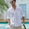 Men's Linen Shirts Casual Button Down Long Sleeve Shirt Solid Spread Collar Summer Beach Shirts with Pocket