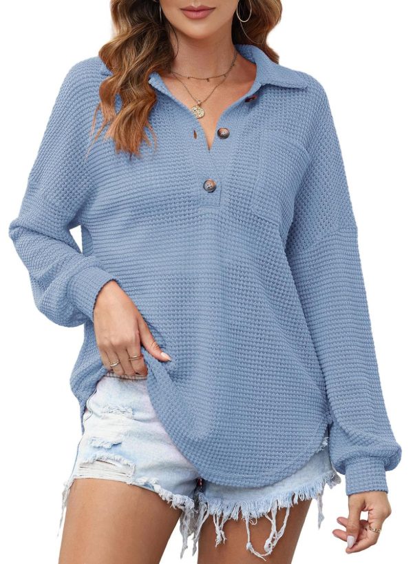 81wyWFsnSjL.jpg Women Waffle Knit Tops Henley Shirts Long Sleeve V Neck Solid Color Casual Tunic