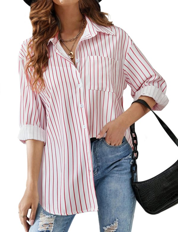 Women Oversized Button Down Shirts Office Drop Shoulder Blouse Long Sleeve Boyfriend Dress Shirt with Pockets