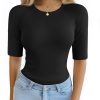 3 Pack Women's Half Sleeve Cotton Ribbed Shirts, Slim Fit Crew Neck Tops Basic Layer Solid Color Summer Work Tees