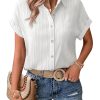 Womens Button Down Shirts Casual Short Sleeve Dress Shirt Textured Collared Summer Work Blouse