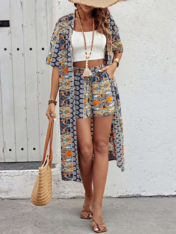 Women's 2 Piece Outfits Summer Half Sleeve Tropical Kimono Top and Shorts Set
