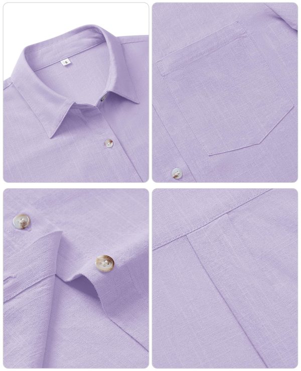 Linen Shirts for Women Button Down Shirts Short Sleeve Cotton Collared V Neck Solid Casual Blouses with Pocket