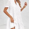 Womens Summer Lace Dresses Eyelet Casual Flowy Babydoll Swing Short Sleeve V Neck Tunic Dress