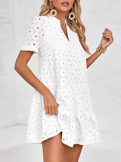 Womens Summer Lace Dresses Eyelet Casual Flowy Babydoll Swing Short Sleeve V Neck Tunic Dress