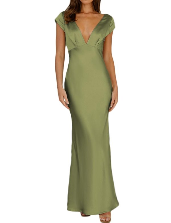 Womens Summer Satin V Neck Cap Sleeve Backless Maxi Dress Elegant Twist Cut Out Midi Dresses Wedding Guest