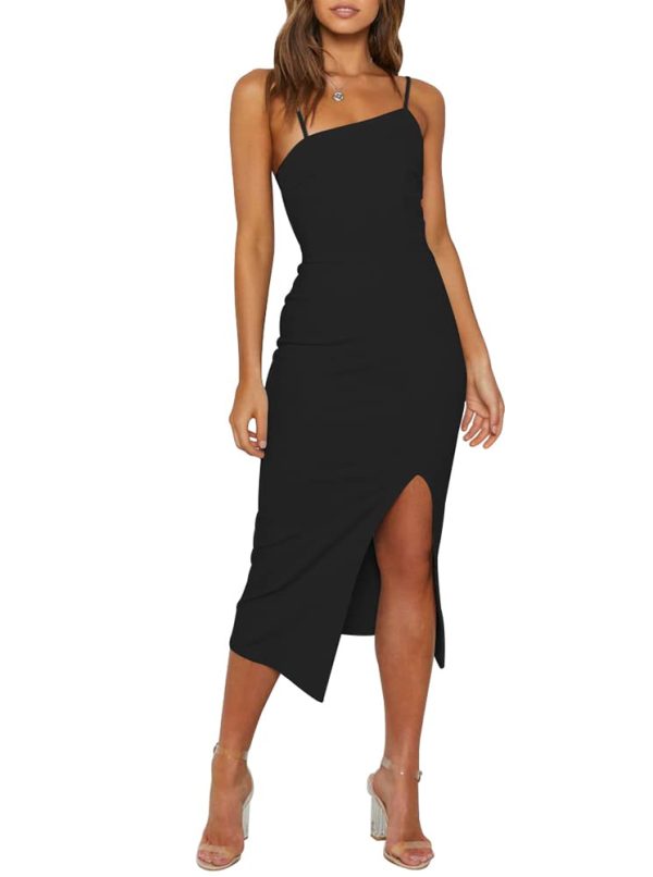 Women's Adjustable Spaghetti Straps Sleeveless High Waist Split Midi Bodycon Cocktail Party Dress