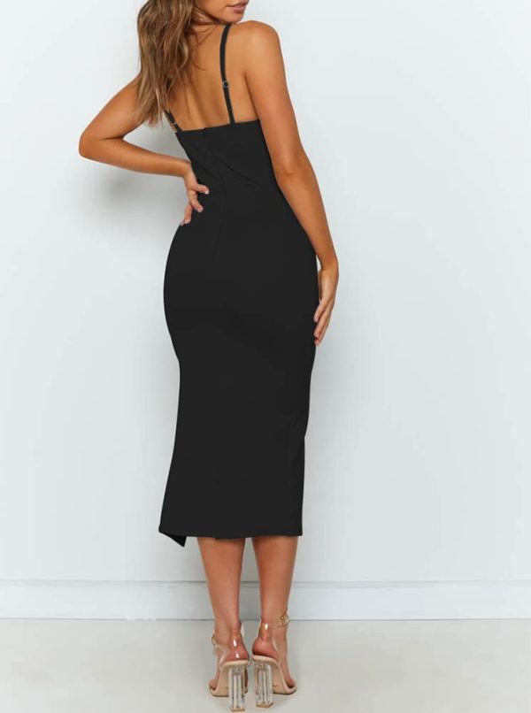 Women's Adjustable Spaghetti Straps Sleeveless High Waist Split Midi Bodycon Cocktail Party Dress