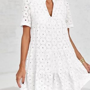 Womens Summer Lace Dresses Eyelet Casual Flowy Babydoll Swing Short Sleeve V Neck Tunic Dress