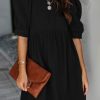 Womens 2025 Spring Summer Crewneck Puff Sleeve Babydoll Elegant Empire Waist Mini Swing Skater Dresses with Pockets