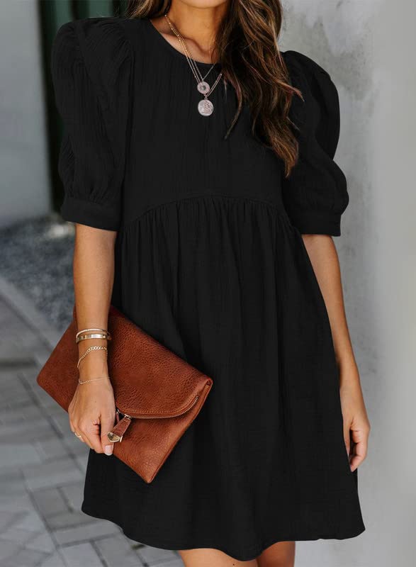 51-LOvXYzjL.jpg Womens 2025 Spring Summer Crewneck Puff Sleeve Babydoll Elegant Empire Waist Mini Swing Skater Dresses with Pockets