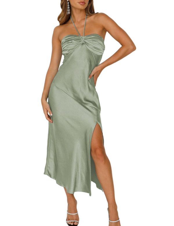 2024 Summer Satin Tube Tops Slit Wedding Guest Dress for Women Elegant Sexy Strapless Halter Neck Midi Dresses