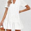 Womens Summer Lace Dresses Eyelet Casual Flowy Babydoll Swing Short Sleeve V Neck Tunic Dress