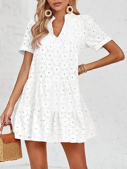 Womens Summer Lace Dresses Eyelet Casual Flowy Babydoll Swing Short Sleeve V Neck Tunic Dress