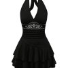 Women's Summer Halter Backless Mini Dress Flowy Sleeveless V Neck Tie Back A Line Western Casual Sun Dresses
