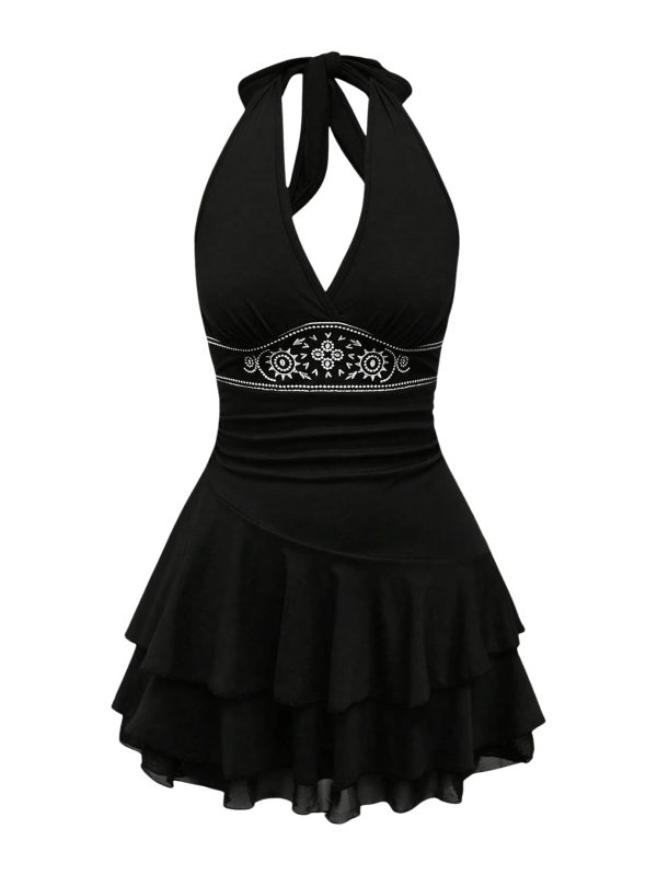 Women's Summer Halter Backless Mini Dress Flowy Sleeveless V Neck Tie Back A Line Western Casual Sun Dresses