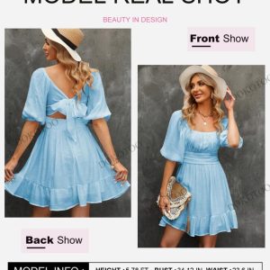 Womens Summer Dresses Square Neck Tie Back Lantern Sleeve Ruffle A-Line Casual Dress