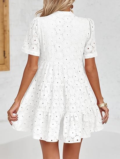 Womens Summer Lace Dresses Eyelet Casual Flowy Babydoll Swing Short Sleeve V Neck Tunic Dress