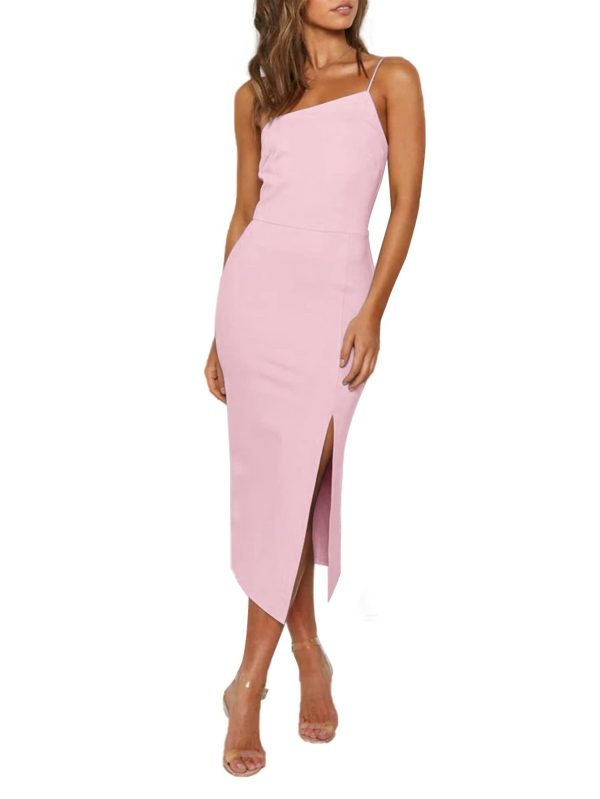 Women's Spaghetti Straps Split Slit Hem Sleeveless Bodycon Cocktail Party Midi Dress