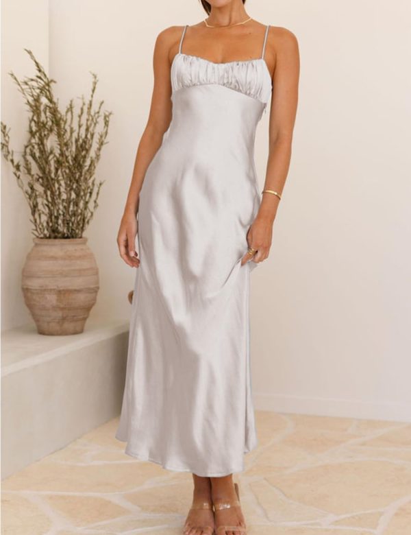 51a26970h8L.jpg Satin Spaghetti Strap Backless Ruched Twist Cocktail Dresses for Women Silk Open Back Cut Out Midi Dress Wedding Guest
