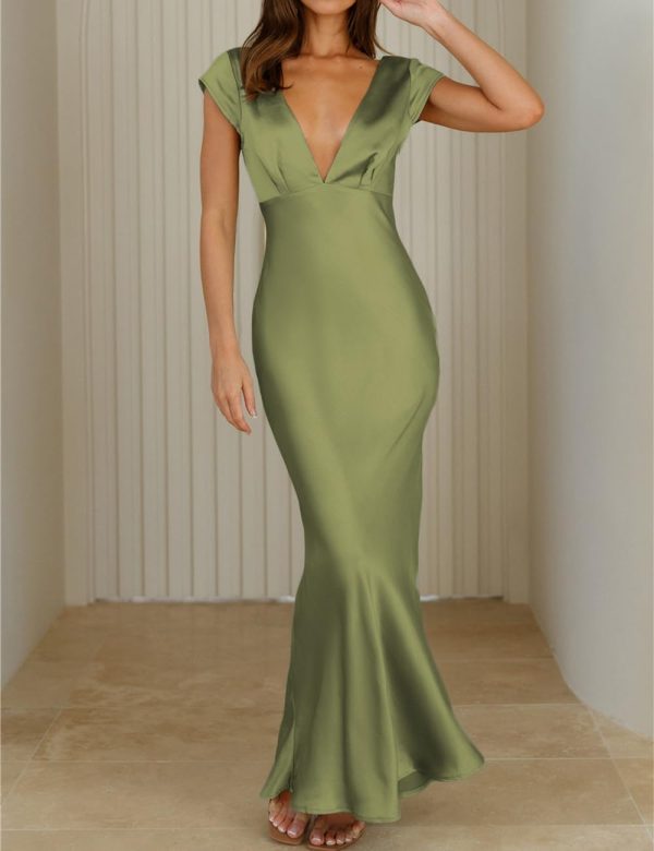 Womens Summer Satin V Neck Cap Sleeve Backless Maxi Dress Elegant Twist Cut Out Midi Dresses Wedding Guest