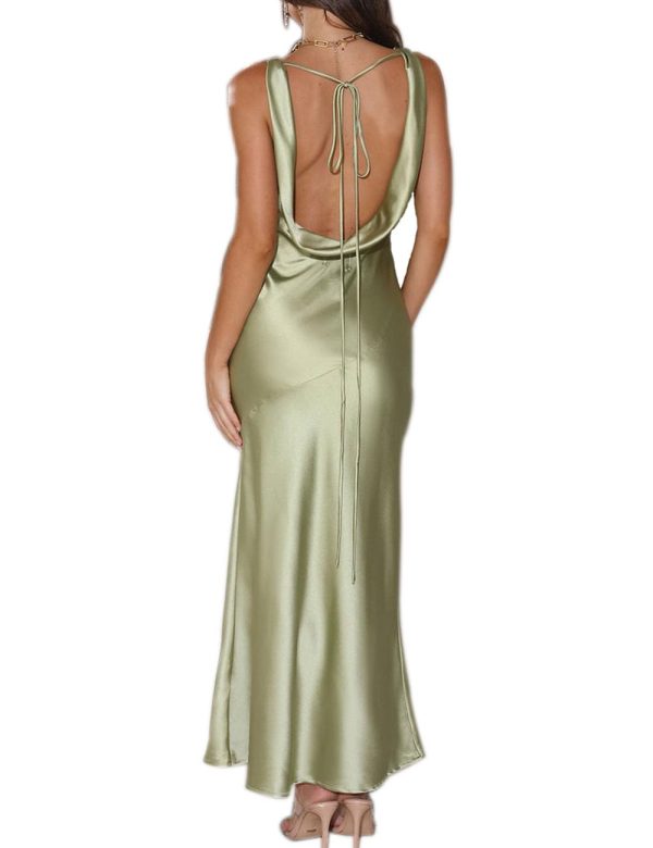 Womens Elegant Satin V Neck Backless Sleeveless Maxi Dress Silk Tie Low Back Formal Cocktail Dresses Wedding Guest
