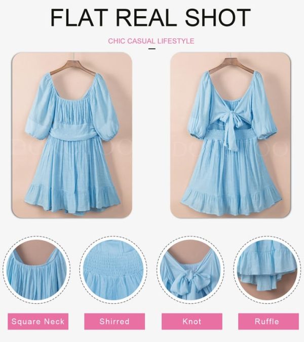 Womens Summer Dresses Square Neck Tie Back Lantern Sleeve Ruffle A-Line Casual Dress