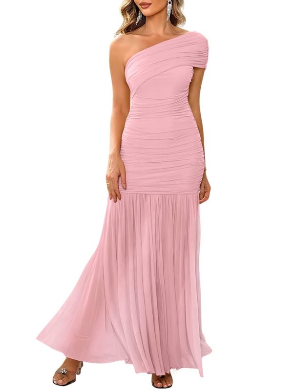 Women's Elegant Formal Long Dress One Shoulder Sleeveless Ruched Bodycon Evening Dress