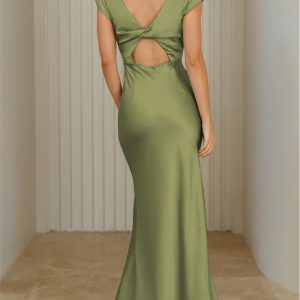 Womens Summer Satin V Neck Cap Sleeve Backless Maxi Dress Elegant Twist Cut Out Midi Dresses Wedding Guest