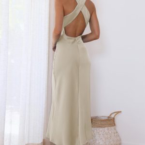 Satin High Neck Backless Sleeveless Midi Dresses for Women Elegant Mock Neck High Waist Cross Back Cocktail Dress