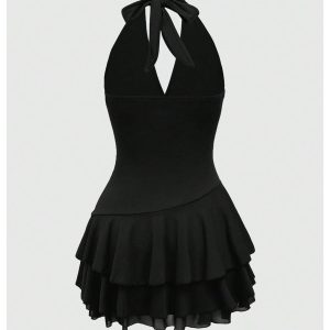Women's Summer Halter Backless Mini Dress Flowy Sleeveless V Neck Tie Back A Line Western Casual Sun Dresses